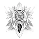 Eagle feather transforming into a dreamcatcher in blackwork style tattoo design idea