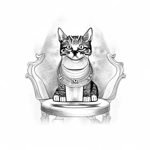 A dotwork tattoo of a cat sitting on an ancient Egyptian throne, surrounded by horror movie monsters tattoo design idea
