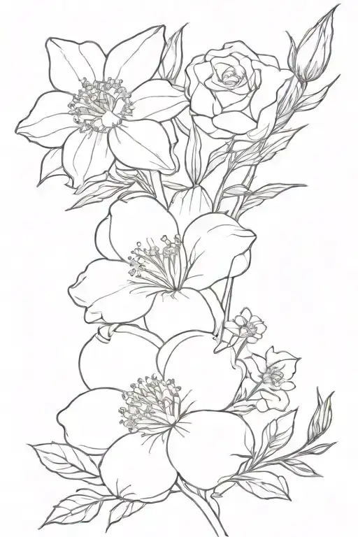bouquet of rose, daisy, larkspur, narcissus flower. one of each flower in the bouquet tattoo design idea