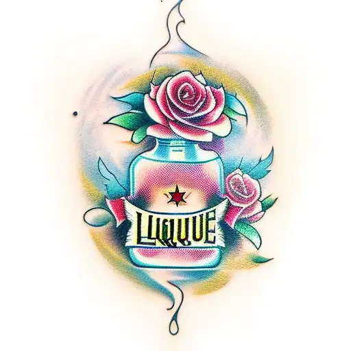 liquid time in a bottle, roses tattoo design idea