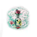 time in a bottle, time turning into a liquid, roses tattoo design idea