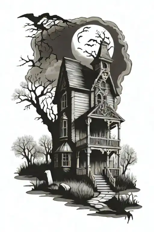 haunted house cemetary tattoo design idea