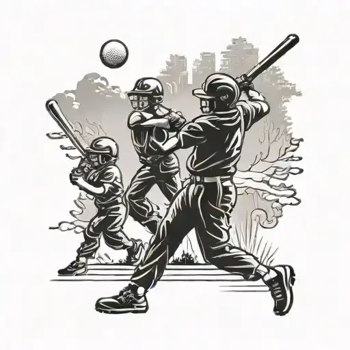 A silhouette of a family of four playing baseball together, with a subtle nod to Ohio State in the background tattoo design idea