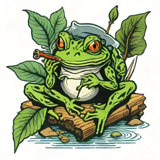 Frog sitting on a log fishing smoking a joint tattoo design idea