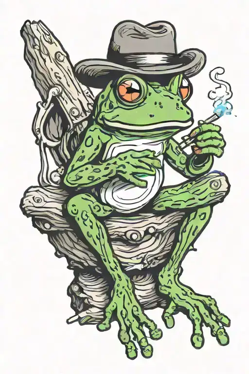 frog sitting on a log fishing smoking a joint  tattoo design idea