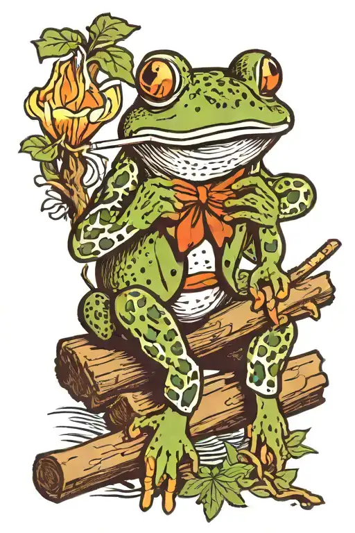 frog sitting on a log fishing smoking a joint  tattoo design idea