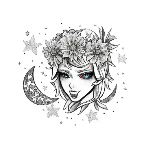 Flower moon stars fairy guns bandana tattoo design idea
