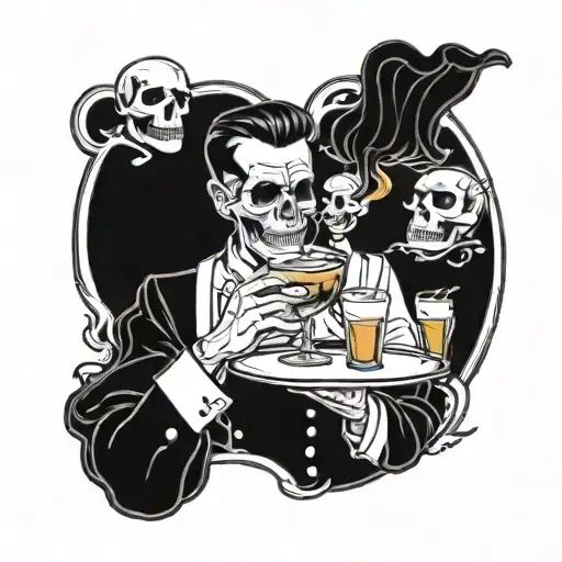 waiter serving drinks to skulls tattoo design idea