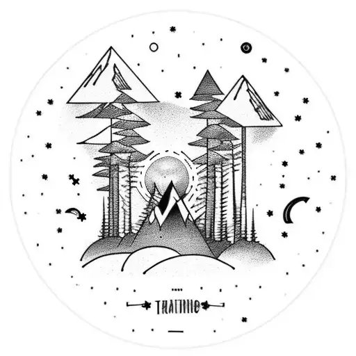 A dotwork tattoo showcasing a serene camping scene with a night sky filled with constellations and a silhouette of a dinosaur roaming in the background tattoo design idea