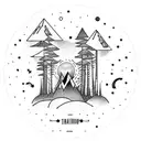 A dotwork tattoo showcasing a serene camping scene with a night sky filled with constellations and a silhouette of a dinosaur roaming in the background tattoo design idea