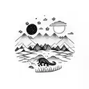 A dotwork tattoo showcasing a serene camping scene with a night sky filled with constellations and a silhouette of a dinosaur roaming in the background tattoo design idea
