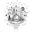 A dotwork tattoo showcasing a serene camping scene with a night sky filled with constellations and a silhouette of a dinosaur roaming in the background tattoo design idea