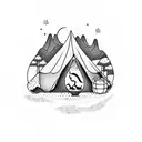 A dotwork tattoo showcasing a serene camping scene with a night sky filled with constellations and a silhouette of a dinosaur roaming in the background tattoo design idea