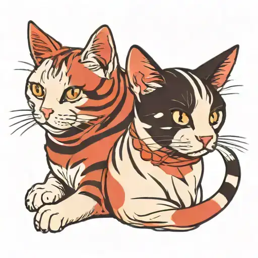 a white cat with black spots on its ears and a red cat with stripes tattoo design idea