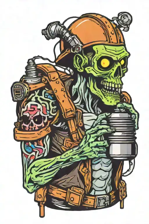 Electrician zombie with helmet and light bulb with neon details half body tattoo design idea
