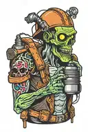 Electrician zombie with helmet and light bulb with neon details half body tattoo design idea