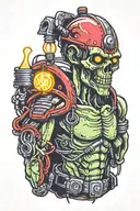 Electrician zombie with helmet and light bulb with neon details half body tattoo design idea