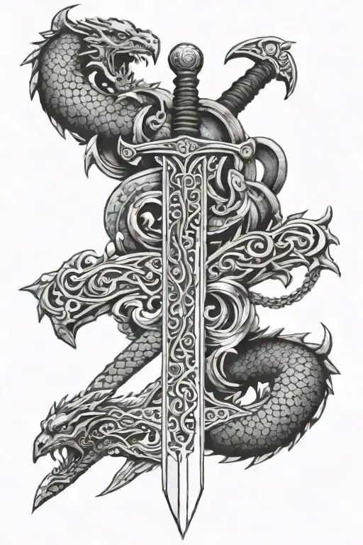 viking sword with 2 dragons flying tattoo design idea