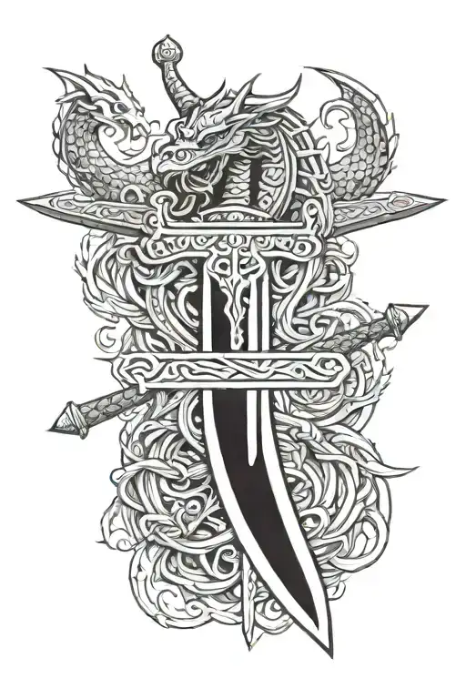 viking sword with 2 dragons tattoo design idea