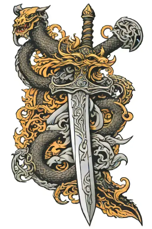 viking sword with dragons tattoo design idea