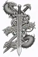 viking sword with 2 dragons flying tattoo design idea