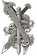 viking sword with 2 dragons flying tattoo design idea