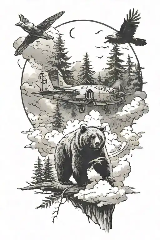 a bear in dense forest, fighter plane and a bird flying out of cloud in sky tattoo design idea