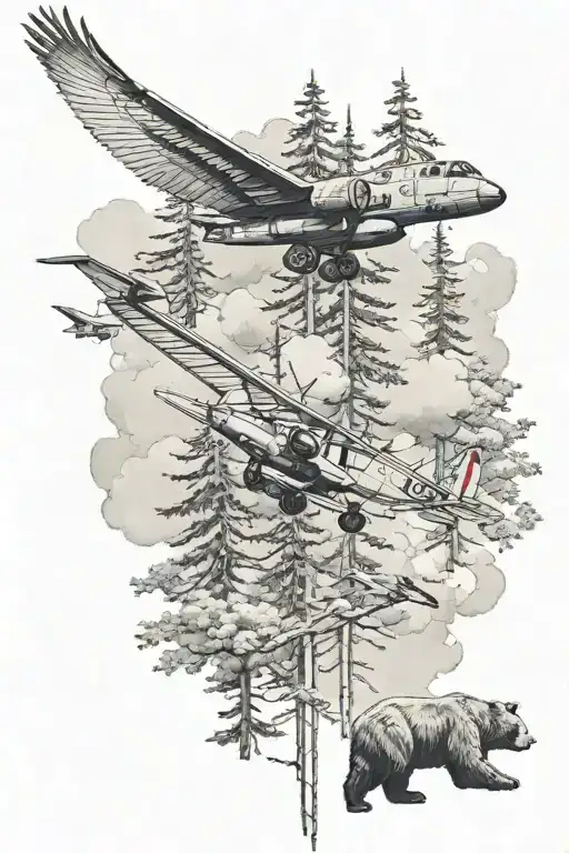a forest with three bears, fighter plane and a bird flying out of cloudy sky tattoo design idea