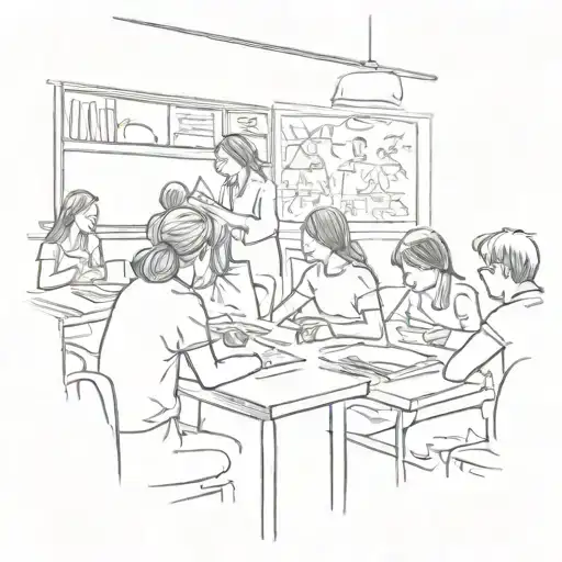 A sketch of a classroom scene with students and a teacher at the front, capturing the essence of teaching tattoo design idea