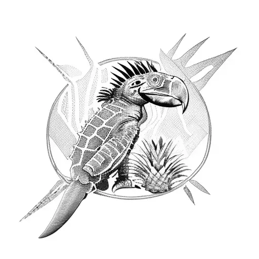 tribal beach with Shaka hand, a toucan, a pineapple, an iguana, a macaw, and a sea turtle  tattoo design idea