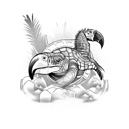 tribal beach with hang loose hand, a toucan, a pineapple, an iguana, a macaw, and a sea turtle  tattoo design idea