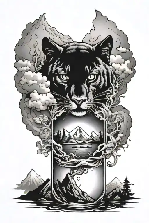 Black work tattoo forearm sleeve design that incorporates a black panther, a wolf, a ship in a bottle and a mountainous  tattoo design idea