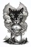 Black work tattoo forearm sleeve design that incorporates a black panther, a wolf, a ship in a bottle and a mountainous  tattoo design idea