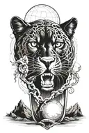 Black work tattoo forearm sleeve design that incorporates a black panther, a wolf, a ship in a bottle and a mountainous  tattoo design idea