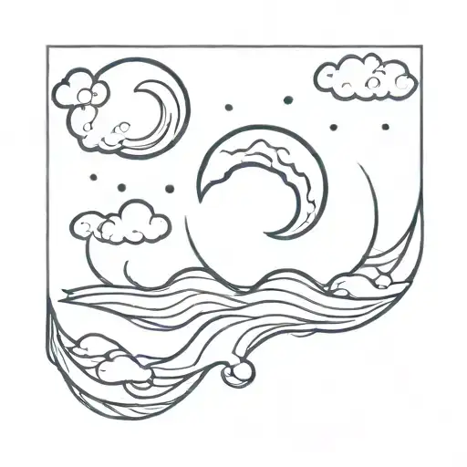crescent moon in top of raining clouds with seawaves tattoo design idea