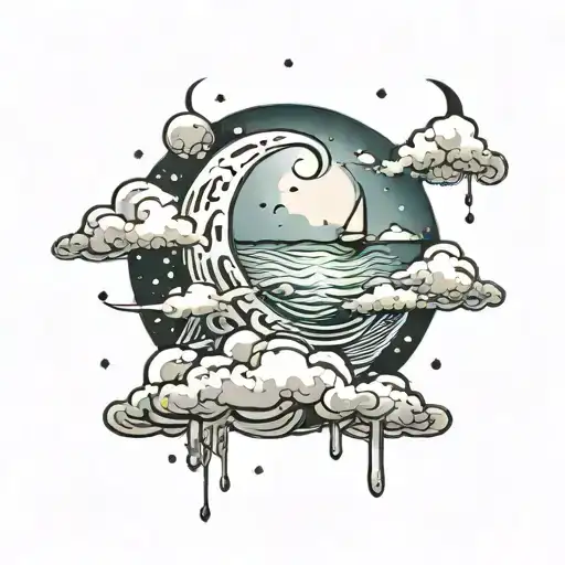 crescent moon in top of raining clouds with seawaves tattoo design idea