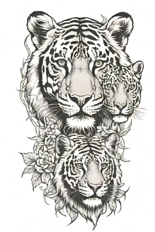tiger,snow leopard, lion in a forest tattoo design idea