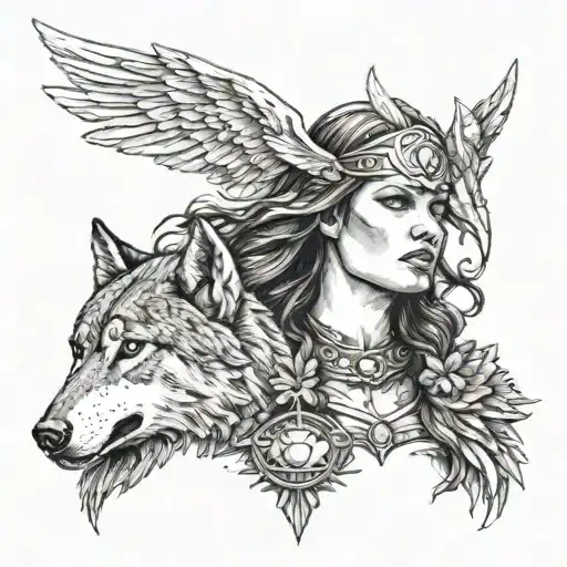 woman Valkyrie with wolf skin above her head tattoo design idea