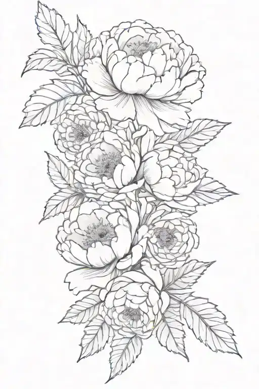 peony, Daisy flower, violet, Holly bouquet tied tattoo design idea