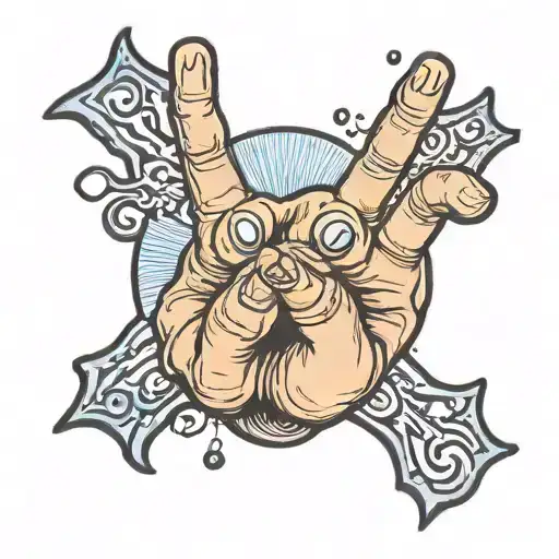 a hand with only four fingers enclosed within a bold circle, its thumb conspicuously absent. a key hangs from a finger tattoo design idea