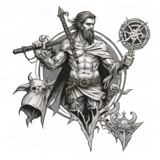 A tattoo design of a character from a bildungsroman novel standing at a crossroads, with symbols of their personal growth and journey surrounding them tattoo design idea