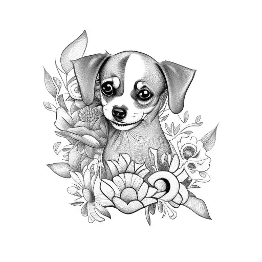 Flower bouquet with a chihuahua and dachshund hidden among the petals tattoo design idea