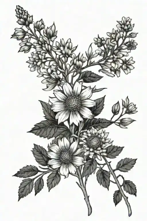 agrimony, aster, heather flowers tattoo design idea