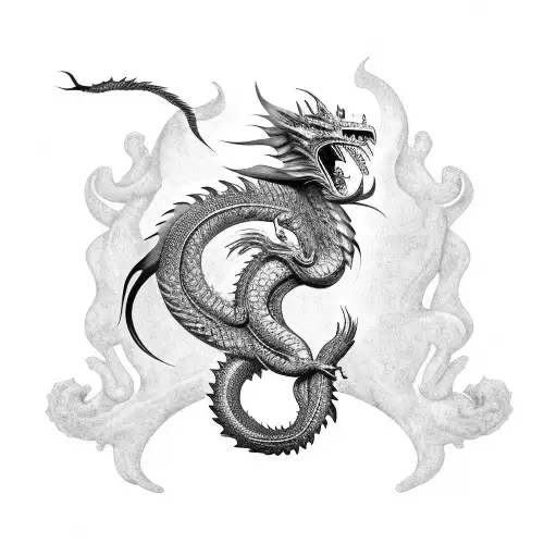 Black and grey realism styled dragon with Korean character in middle and Christian related tattoo design idea