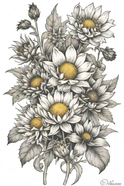 A dynamic tattoo showcasing the three stages of life through the plants Chamomile, Poppy, and Milk Thistle tattoo design idea