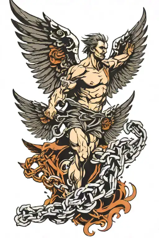 Depict a man breaking free from chains, wings spread wide, symbolizing liberation and triumph over adversity. tattoo design idea