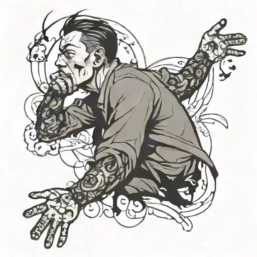 The tattoo should depict a man emerging from a struggle, symbolizing overcoming problems and embracing freedom tattoo design idea