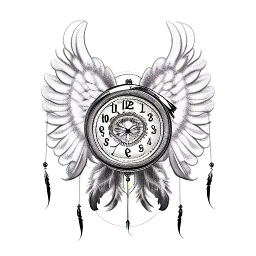 angel, wings, dream catcher, clock tattoo design idea