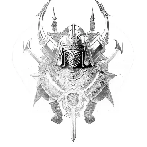 A powerful medieval warrior wearing intricate armor of demons tattoo design idea