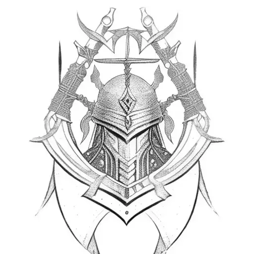 A powerful medieval warrior wearing intricate armor tattoo design idea